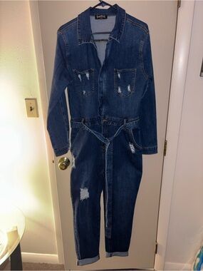 SWANK Dark Blue Distressed Denim Overalls Jumpsuit